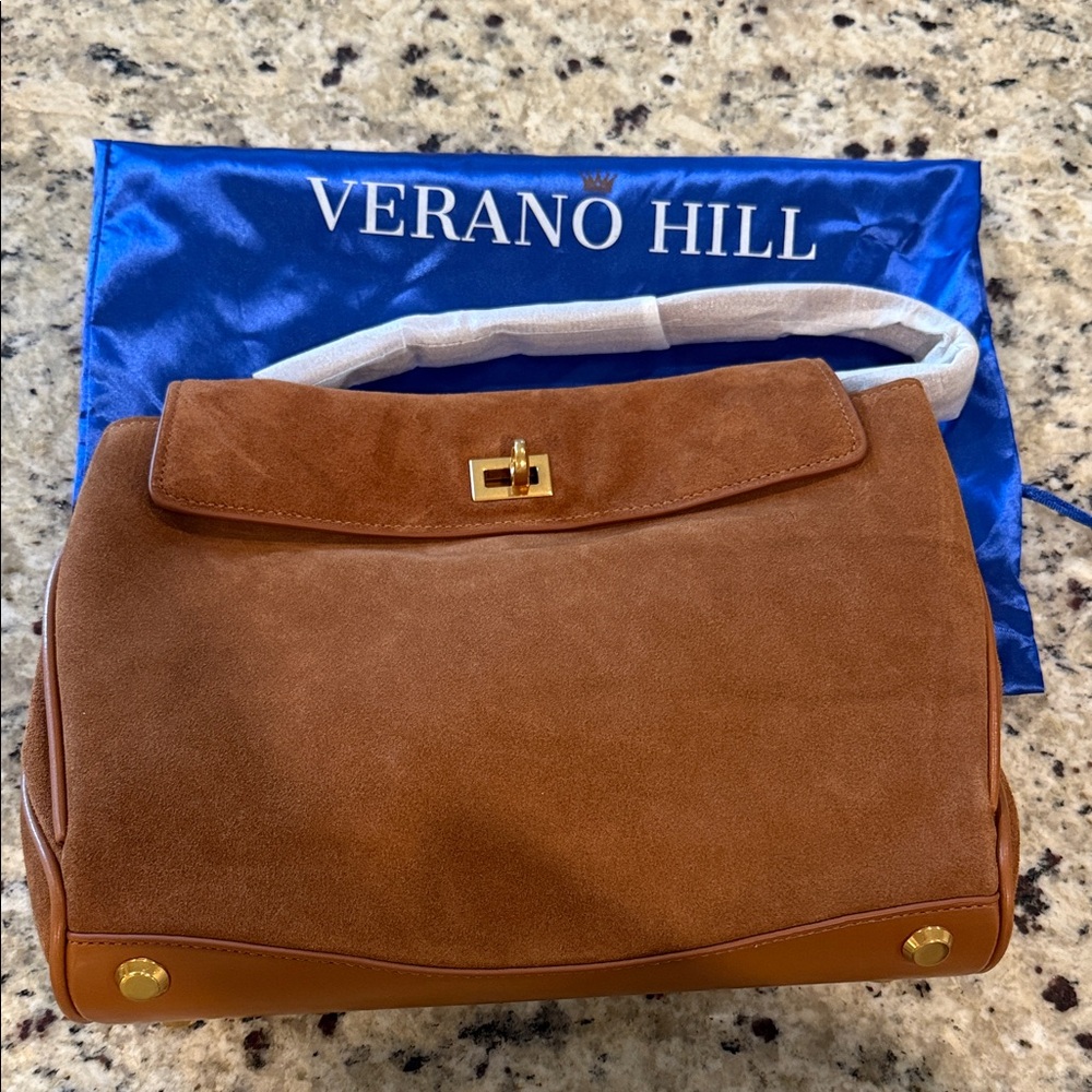 Verano Hill Brown Suede Shoulder Bag with Gold Hardware